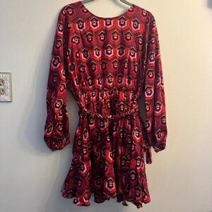 Pink / Red / Maroon /Purple patterned mini long sleeve dress with tie belt waist